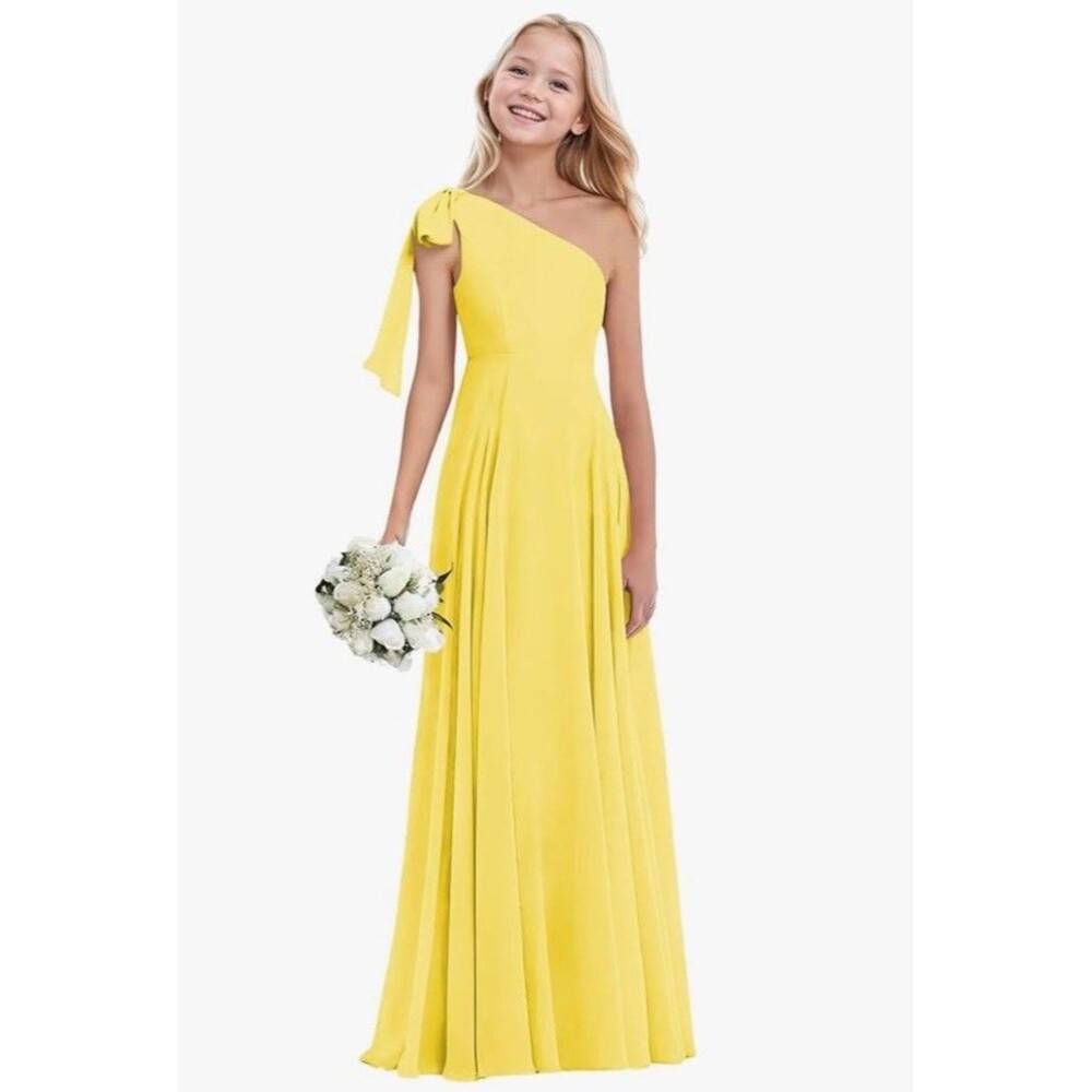 NWT One-Shoulder Junior Bridesmaid Formal Dress Yellow Girls Sz 16